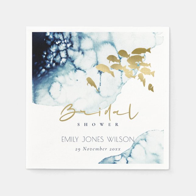ELEGANT GOLD NAVY UNDERWATER  FISH BRIDAL SHOWER NAPKINS (Front)
