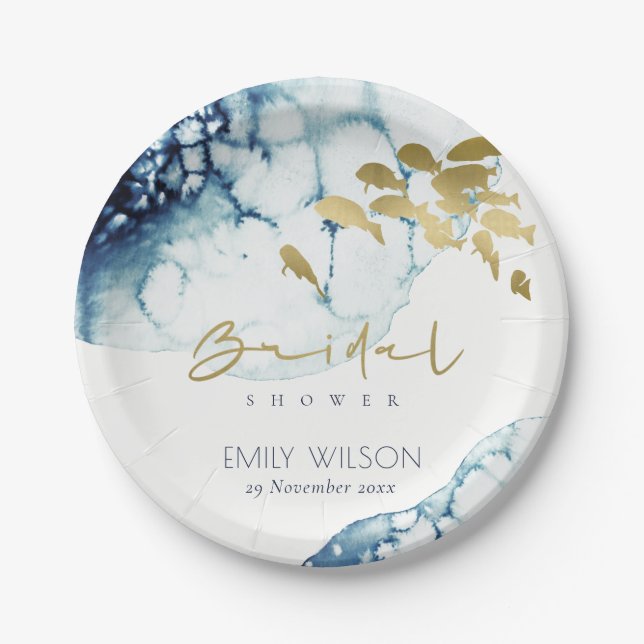 ELEGANT GOLD NAVY UNDERWATER  FISH BRIDAL SHOWER PAPER PLATES (Front)