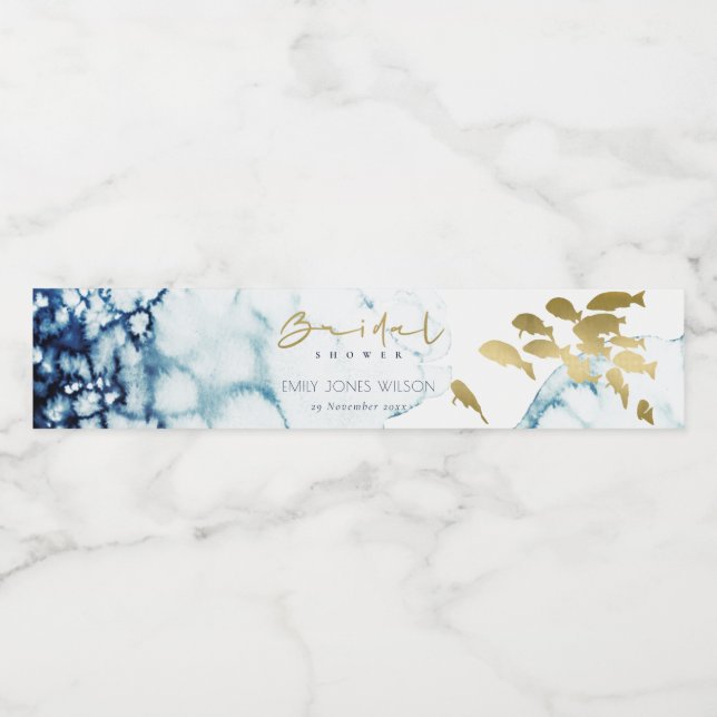 ELEGANT GOLD NAVY UNDERWATER FISH BRIDAL SHOWER WATER BOTTLE LABEL (Single Label)