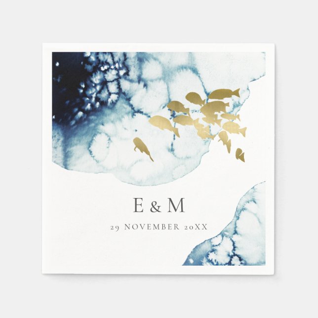 ELEGANT GOLD NAVY UNDERWATER FISH MONOGRAM WEDDING NAPKINS (Front)