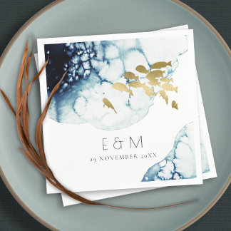 ELEGANT GOLD NAVY UNDERWATER FISH MONOGRAM WEDDING NAPKINS
