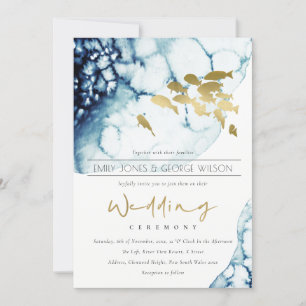 ELEGANT GOLD NAVY UNDERWATER FISH WEDDING INVITE