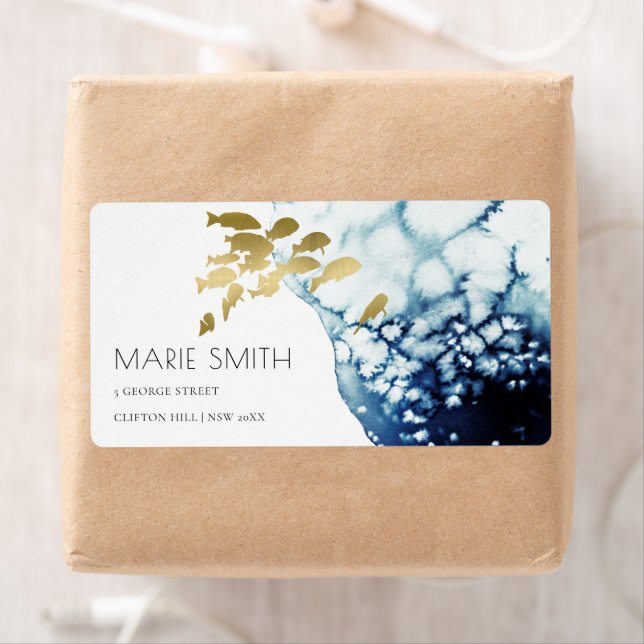ELEGANT GOLD NAVY UNDERWATER SEA FISH ADDRESS LABEL (Insitu)