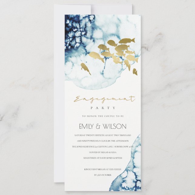 ELEGANT GOLD NAVY UNDERWATER SEA FISH ENGAGEMENT INVITATION (Front)