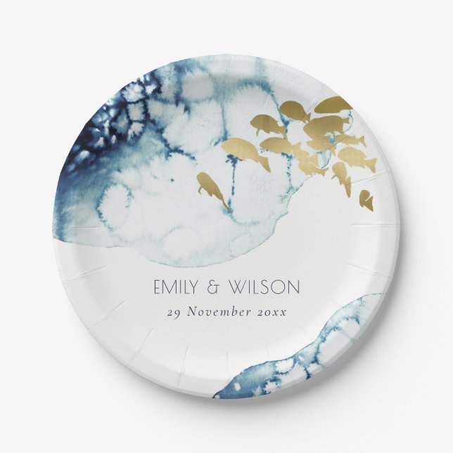 ELEGANT GOLD NAVY UNDERWATER SEA FISH WEDDING PAPER PLATES (Front)