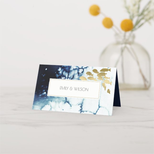 ELEGANT GOLD NAVY UNDERWATER SEA FISH WEDDING PLACE CARD (Back)