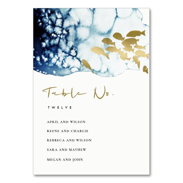 ELEGANT GOLD NAVY UNDERWATER SEA FISH WEDDING  TABLE NUMBER (Front)