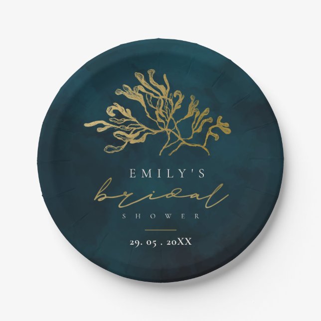 ELEGANT GOLD NAVY UNDERWATER SEAWEED BRIDAL SHOWER PAPER PLATES (Front)