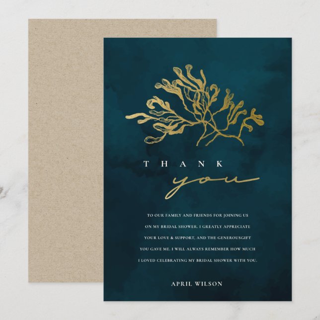 ELEGANT GOLD NAVY UNDERWATER SEAWEED BRIDAL SHOWER THANK YOU CARD (Front/Back)