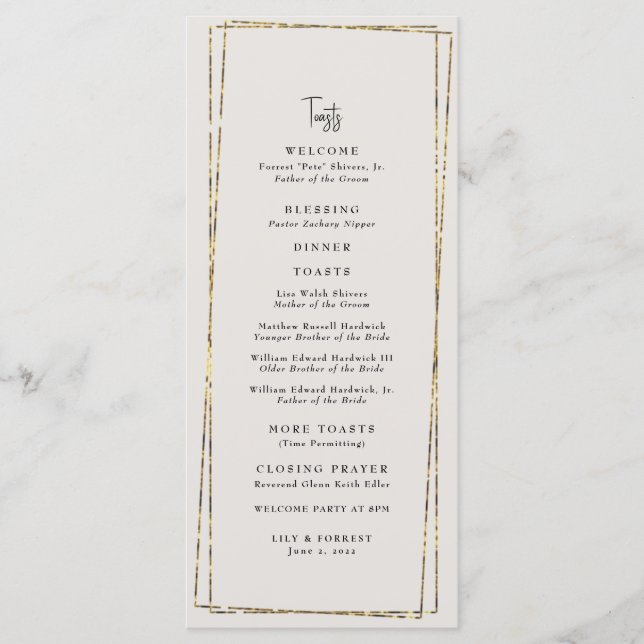 Elegant Gold Neutral Wedding Toasts  Menu (Front)