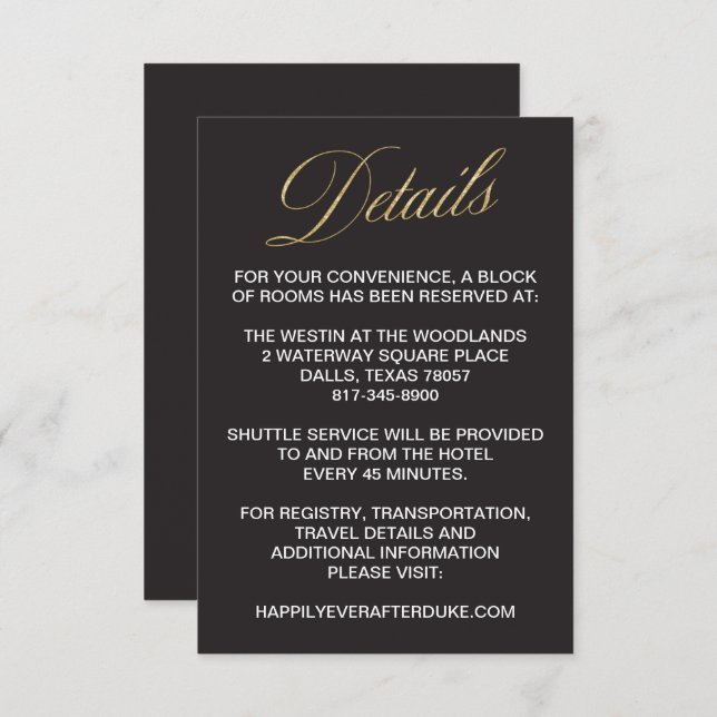 Elegant Gold New Years Eve Wedding Detail Card (Front/Back)