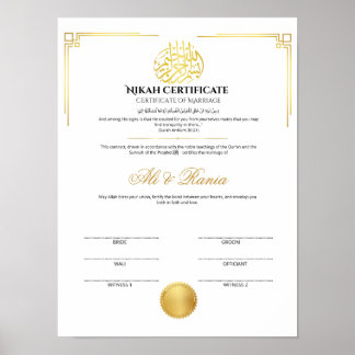 Elegant Gold Nikah Certificate with Seal  Poster
