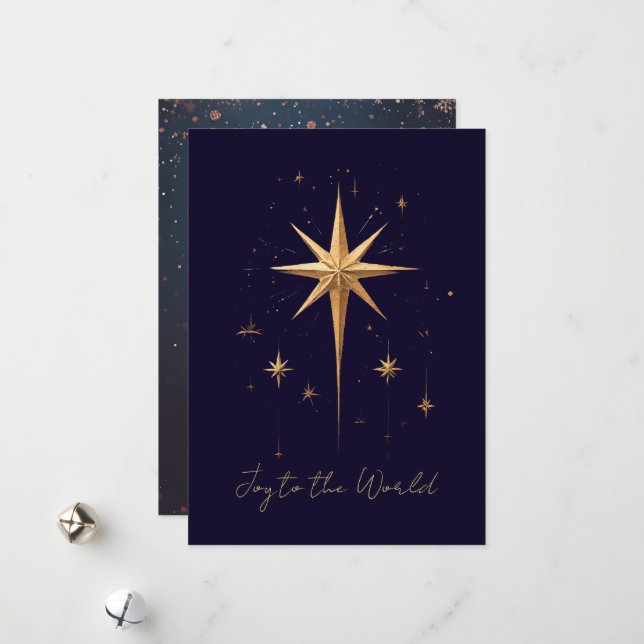 Elegant Gold North Star on Deep Blue Background Holiday Card (Front/Back In Situ)