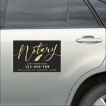 Elegant Gold Notary Loan Agent Car Magnet<br><div class="desc">Elegant,  trendy business car magnet for notary loan signing agent featuring  faux foil gold handwritten calligraphy script ''notary'' on a black background. Personalize with your details.</div>