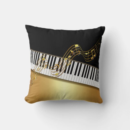 Elegant Gold NotesPiano KeyBlack Throw Pillow