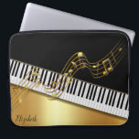 Elegant Gold Notes,Piano Keys -Personalized Laptop Sleeve<br><div class="desc">Elegant gold music notes with piano keys on black and gold  background with your name.</div>