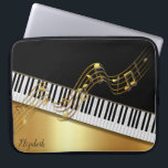 Elegant Gold Notes,Piano Keys -Personalized Laptop Sleeve<br><div class="desc">Elegant gold music notes with piano keys on black and gold  background with your name.</div>