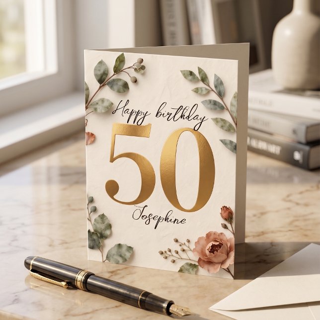 Elegant Gold Numbers Botanical 50th Birthday Card (Creator Uploaded)