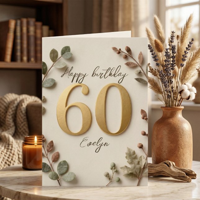 Elegant Gold Numbers Botanical 60th Birthday Card (Creator Uploaded)
