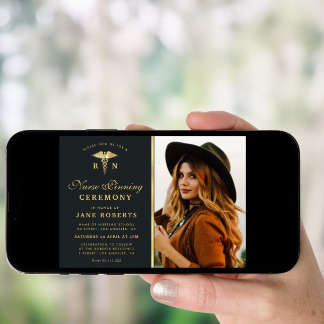 elegant gold nurse pinning ceremony photo invitation (Front Digital)