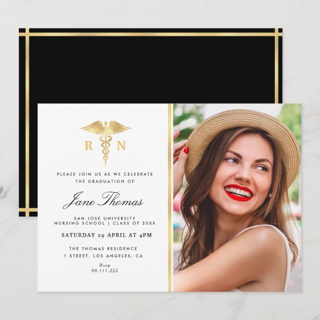 Elegant gold Nursing school graduation party Invitation (Front/Back)
