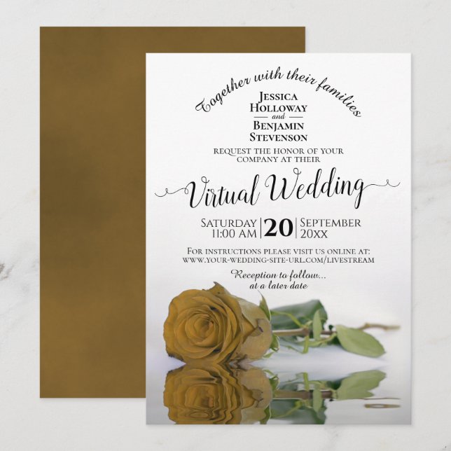 Elegant Gold Ochre Romantic Rose Virtual Wedding Invitation (Front/Back)