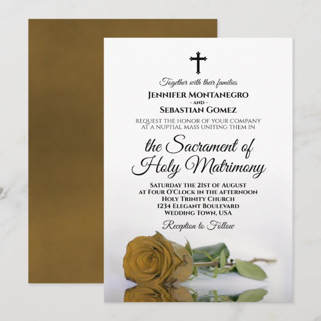 Elegant Gold Ochre Rose Modern Catholic Wedding Invitation (Front/Back)