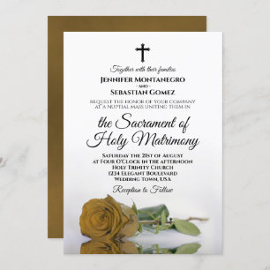 Elegant Gold Ochre Rose Modern Catholic Wedding Invitation