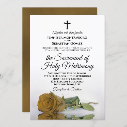 Elegant Gold Ochre Rose Modern Catholic Wedding Invitation