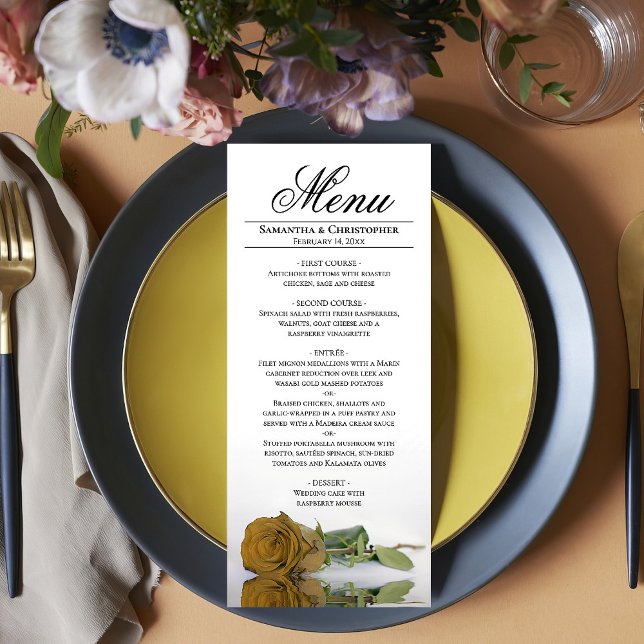 Elegant Gold Ochre Yellow Rose Reflections Wedding Menu (In Situ on Plate)
