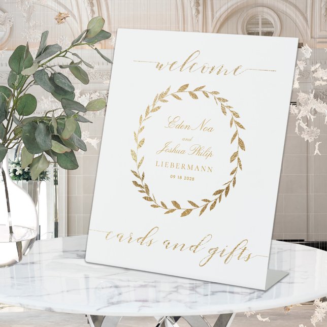 Elegant Gold Olive Branch Wreath Card & Gifts Pedestal Sign (Creator Uploaded)