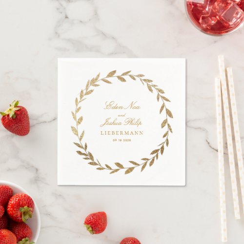 Elegant Gold Olive Branch Wreath Wedding Cocktail Napkins