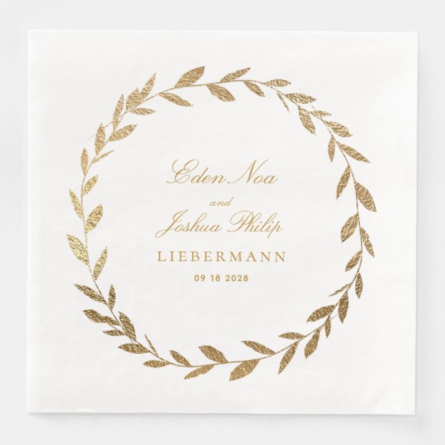 Elegant Gold Olive Branch Wreath Wedding Paper Dinner Napkins (Front)