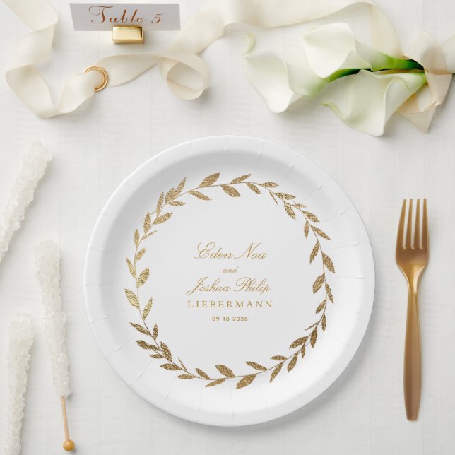 Elegant Gold Olive Branch Wreath Wedding Paper Pla Plates (Wedding)