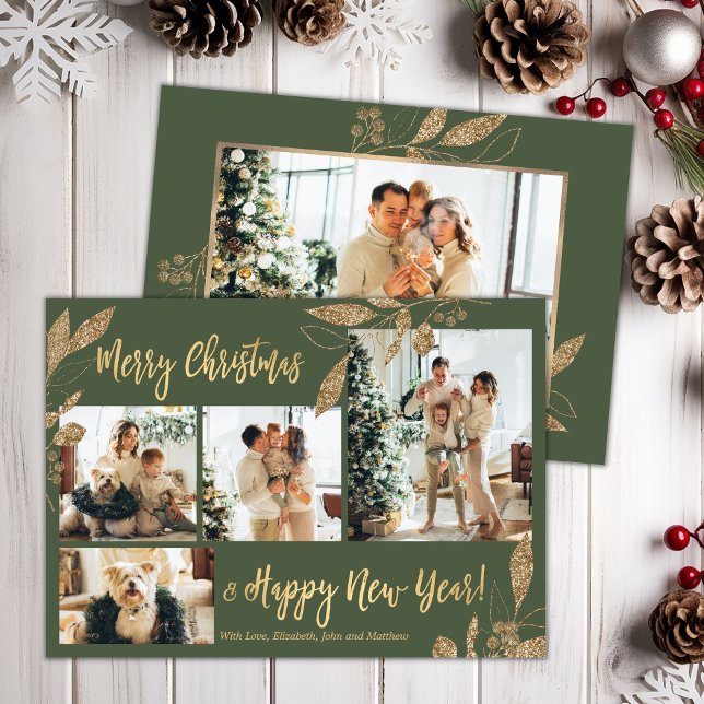 Elegant Gold Olive Green 4 Photos Christmas Card (Creator Uploaded)