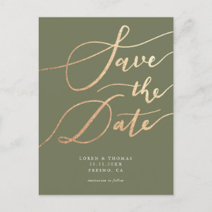 Elegant Gold Olive Green Script Save the Date Announcement Postcard