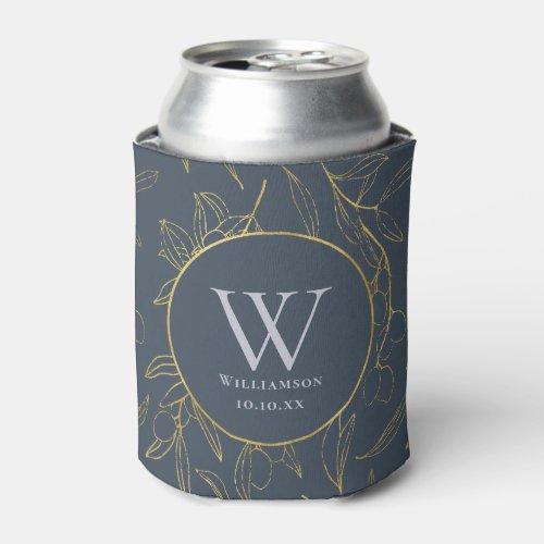 Elegant Gold Olive Leaf Floral Monogram Wedding Can Cooler