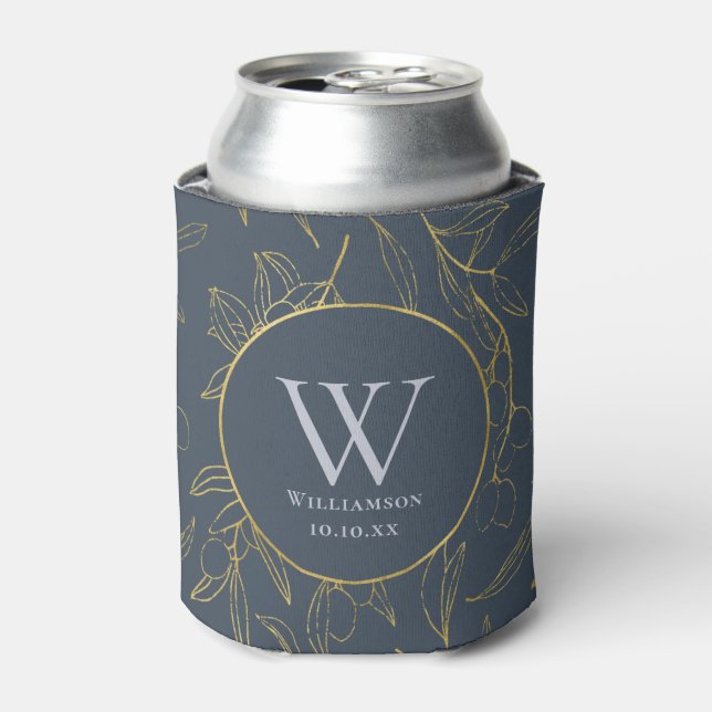 Elegant Gold Olive Leaf Floral Monogram Wedding Can Cooler (Can Front)