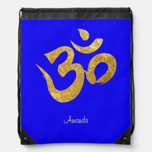 Elegant Gold OM Blue Background Yoga Drawstring Bag