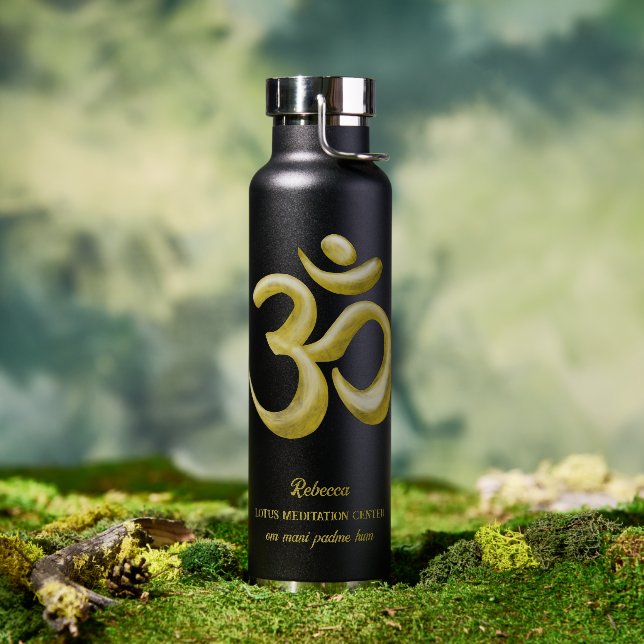 Elegant Gold Om Symbol | Sanskrit Spiritual Black Water Bottle (Outdoor)