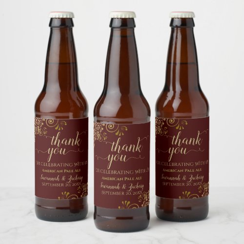 Elegant Gold on Auburn Brown Wedding Thank You Beer Bottle Label