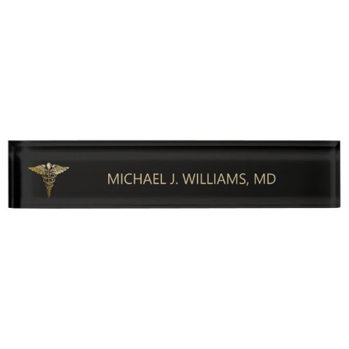 Elegant Gold on Black Caduceus Doctor Desk Name Plate