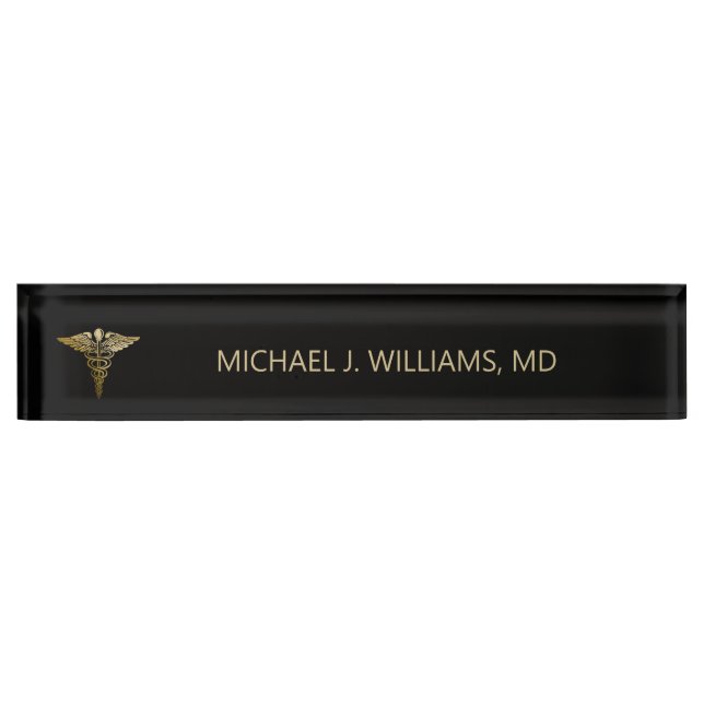 Elegant Gold on Black Caduceus Doctor Desk Name Plate (Front)