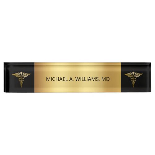 Elegant Gold on Black Caduceus Medical Doctor Desk Name Plate