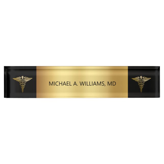 Elegant Gold on Black Caduceus Medical Doctor Desk Name Plate (Front)