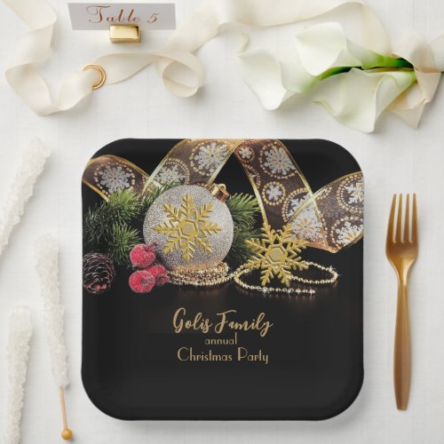 Elegant Gold on Black Christmas Party  Paper Plates
