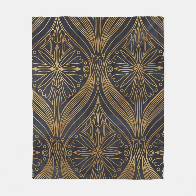 Elegant gold on black damask pattern fleece blanket (Front)