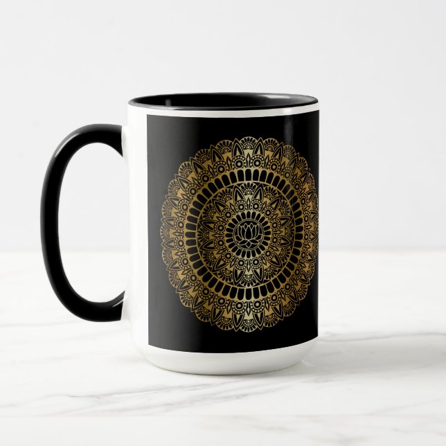 Elegant Gold on Black Lotus Henna Mandala Mug (Left)