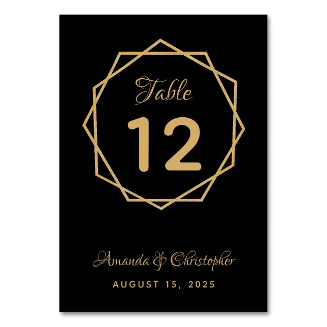 Elegant Gold on Black Modern Geometric Wedding Table Number (Front)