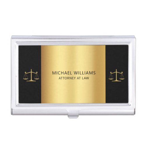 Elegant Gold on Black Scales of Justice Lawyer Business Card Case